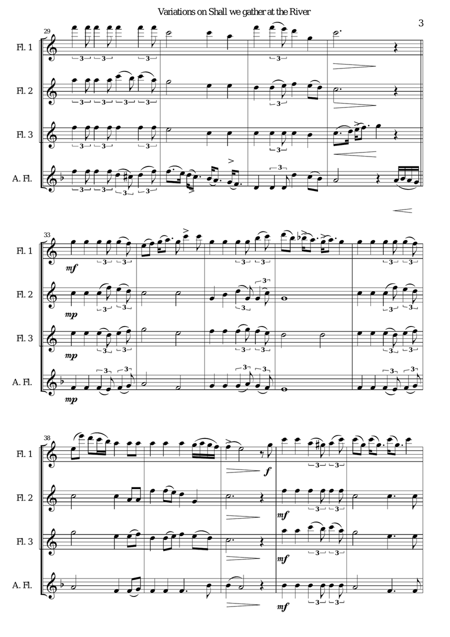 Variations on Shall we gather at the river for flute quartet (3 flutes and 1 alto flute) Flute Quartet scores gallery preview page 3