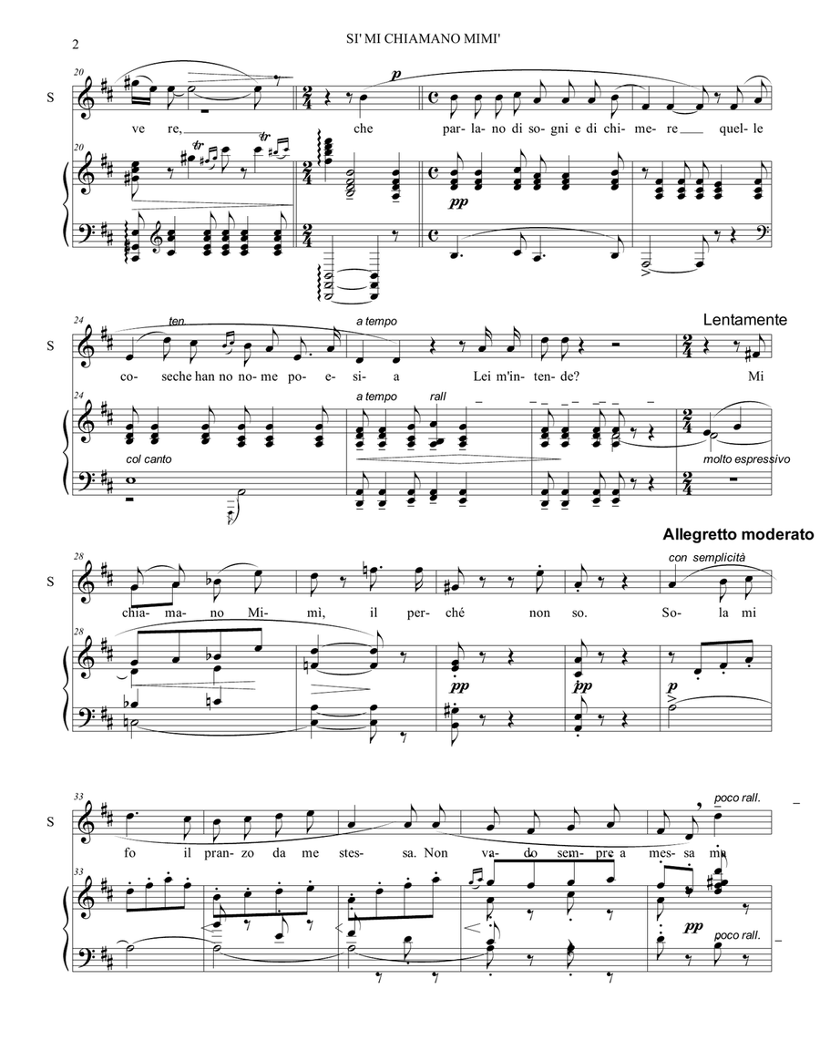 SI'. MI CHIAMANO MIMI'. G. Puccini. From La Boheme. For Soprano and Piano. Chamber Music scores gallery preview page 2