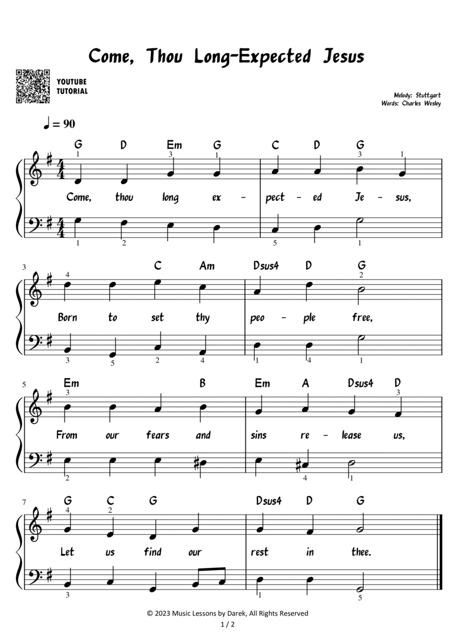 Come, Thou Long-Expected Jesus - Christmas Carol [EASY PIANO] image number null