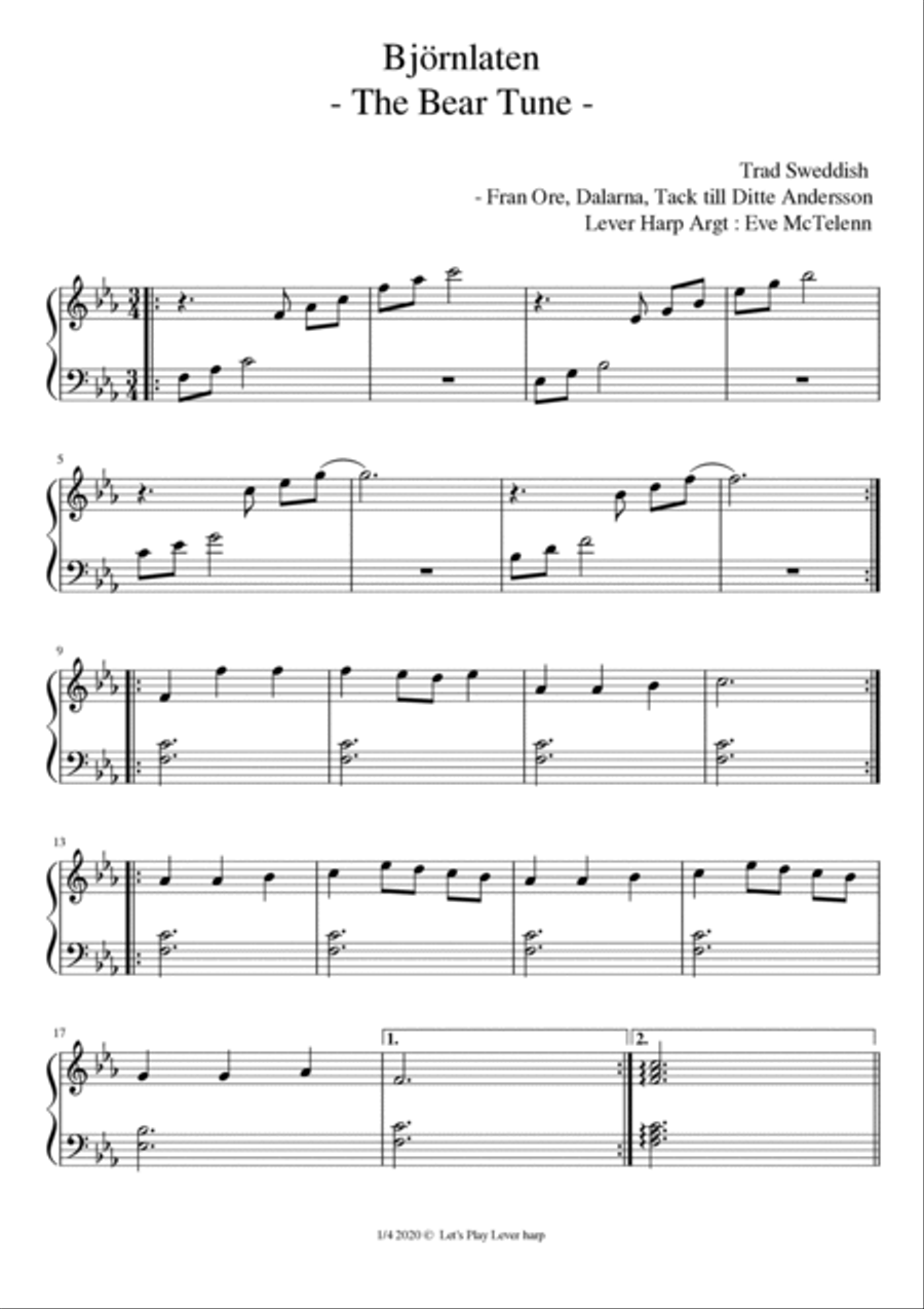 Bjornlaten - The Bear Tune - Sweddish Melody - beginner & 27 String Harp | McTelenn Harp Center Celtic Harp scores gallery preview page 2