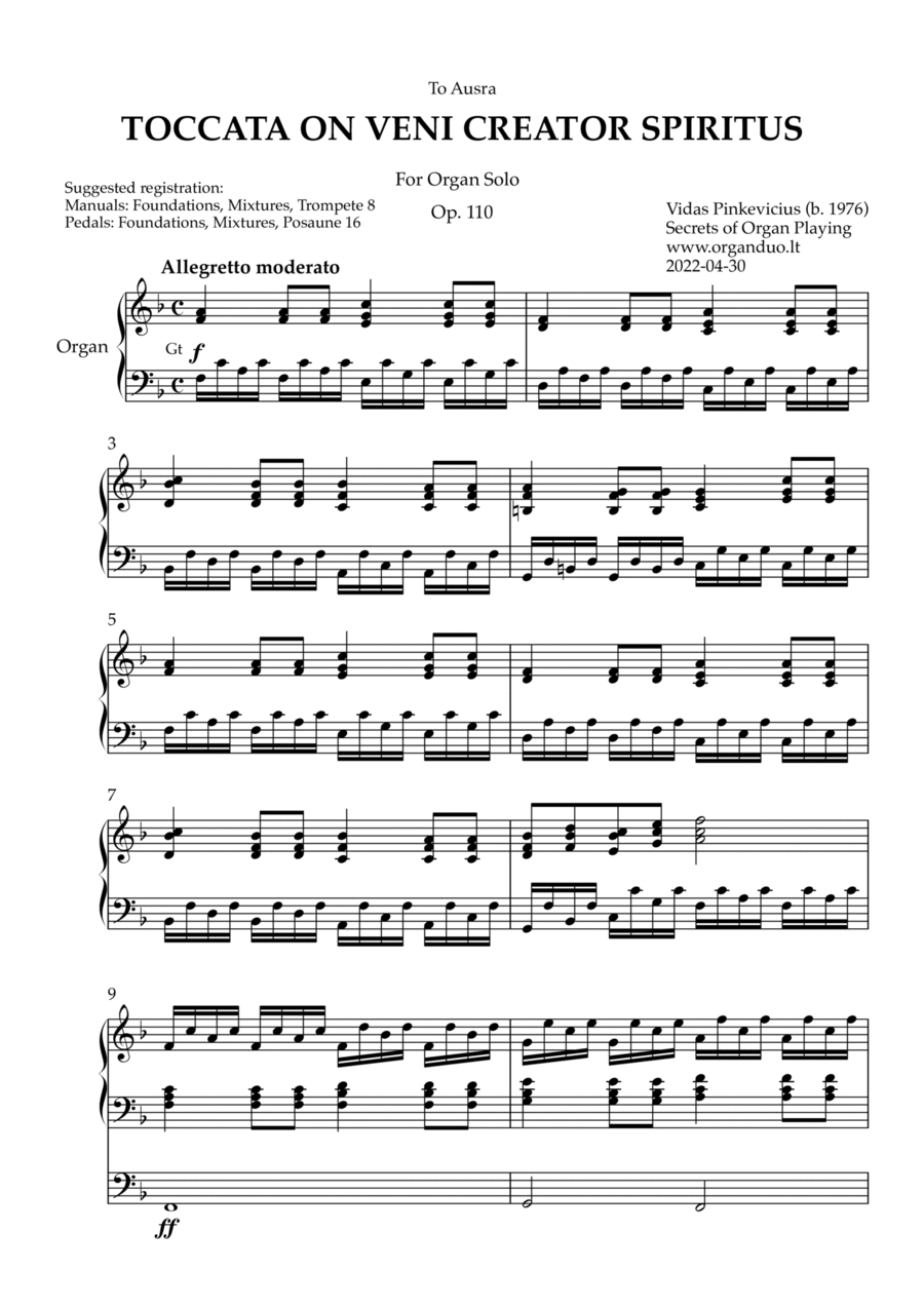 Toccata on Veni Creator Spiritus, Op. 110 (Organ Solo) by Vidas Pinkevicius (2022) Organ Solo scores gallery preview page 1