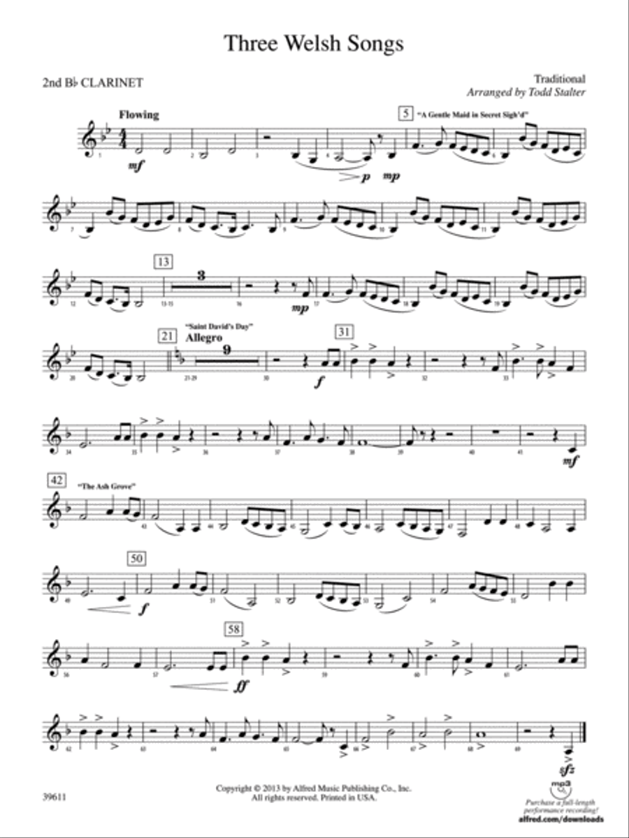 Three Welsh Songs: 2nd B-flat Clarinet Concert Band scores gallery preview page 1
