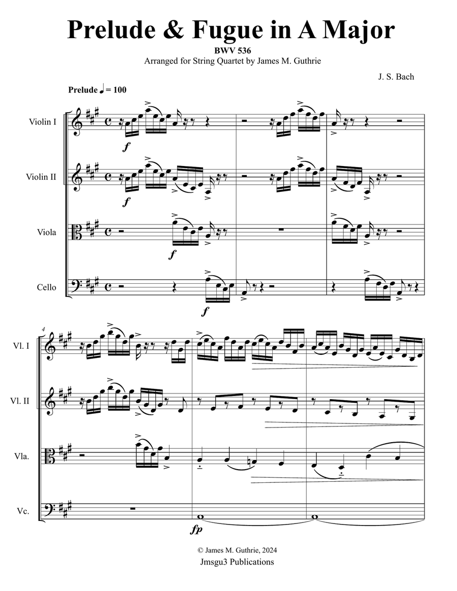 Bach: Prelude & Fugue in A Major BWV 536 String Quartet scores gallery preview page 1
