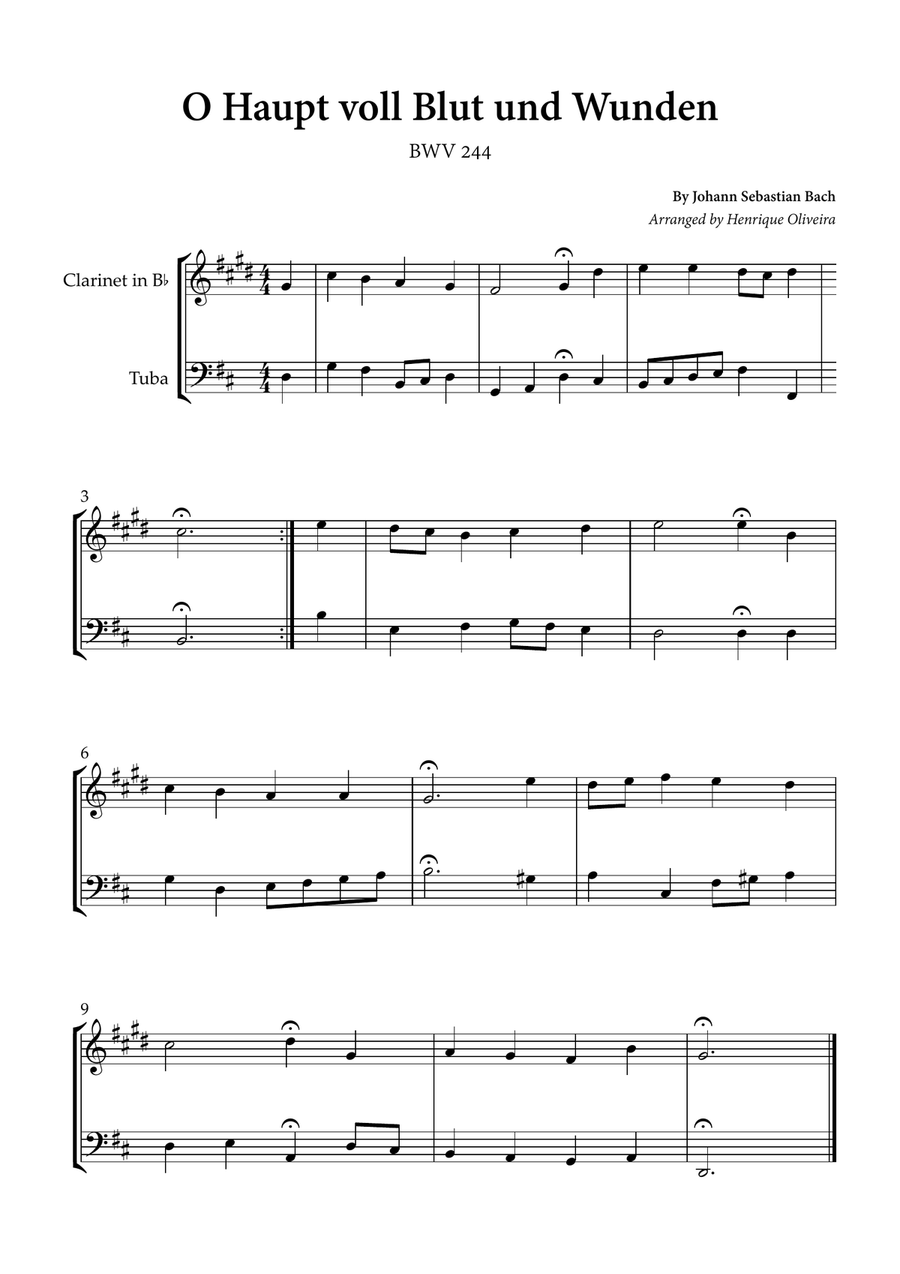 O Haupt voll Blut und Wunden (Clarinet and Tuba) - Johann Sebastian Bach B-Flat Clarinet scores gallery preview page 1