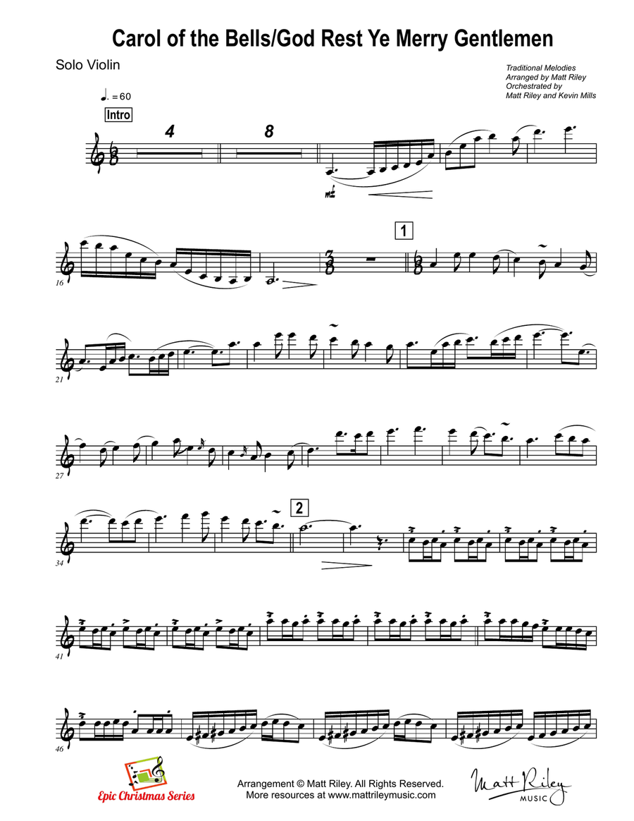 Carol of the Bells / God Rest Ye Merry Gentlemen - Violin and Accompaniment Track Violin Solo scores gallery preview page 1