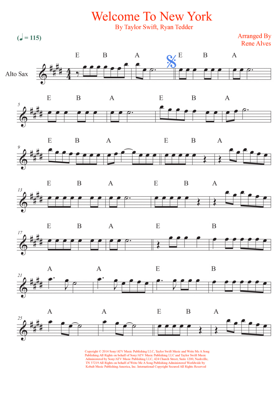 Welcome To New York Alto Saxophone scores gallery preview page 1