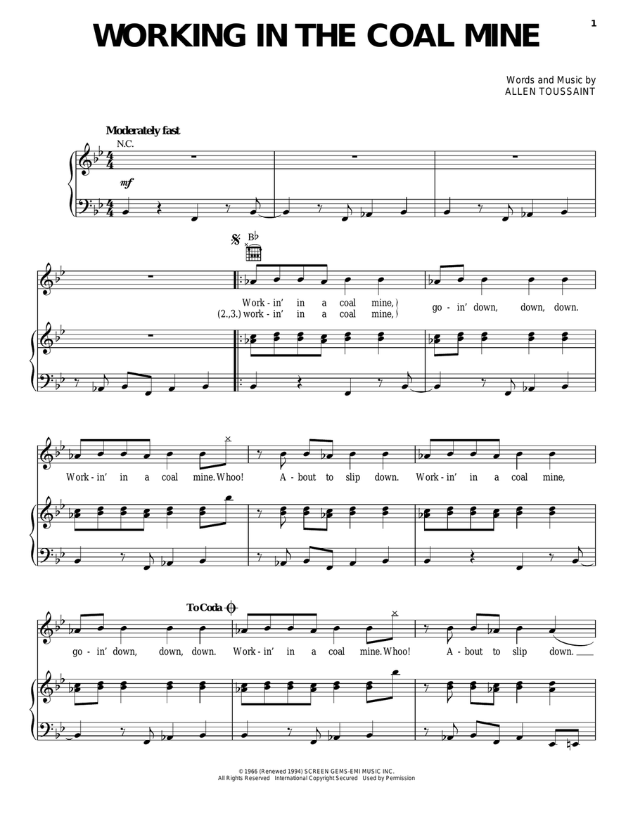 Working In The Coal Mine Piano, Vocal, Guitar scores gallery preview page 1