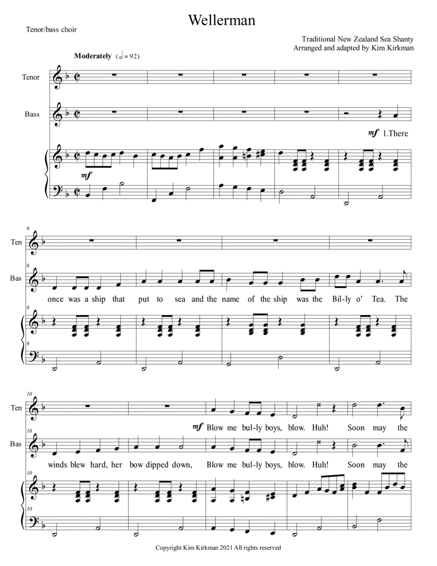 Wellerman - for TB choir and piano - with word changes to save whales in final verse TB scores gallery preview page 1