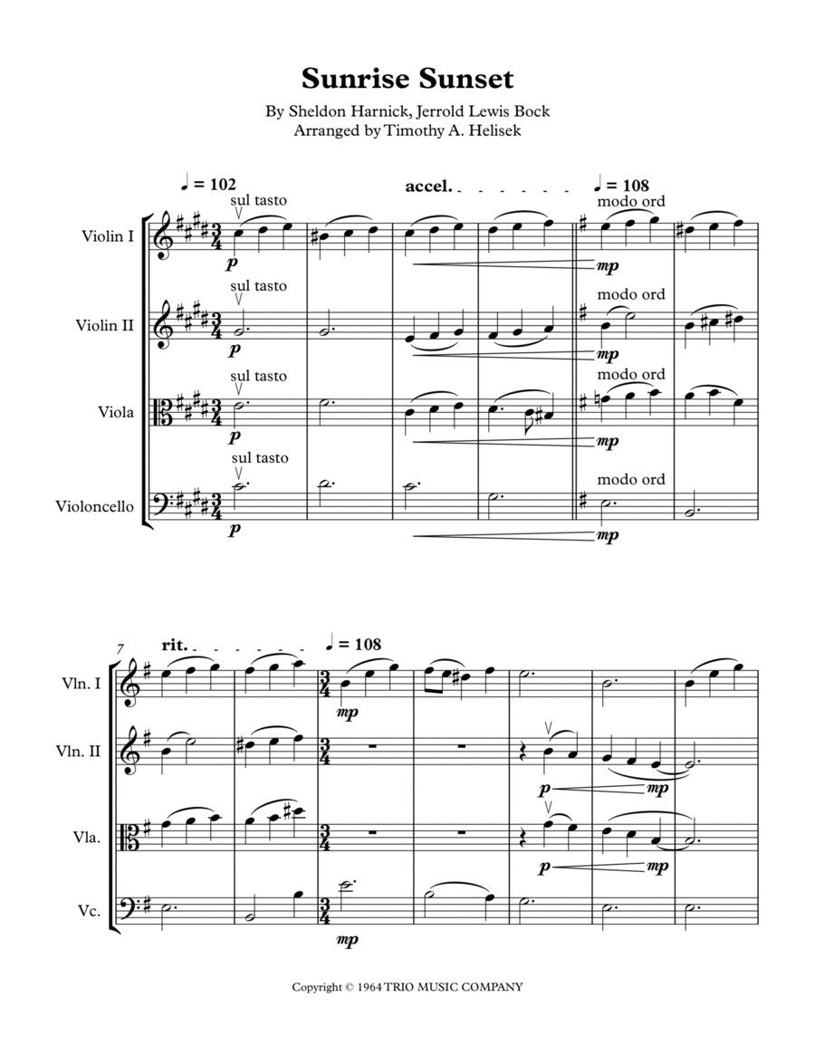 Sunrise, Sunset Sunrise, Sunset String Quartet scores gallery preview page 1