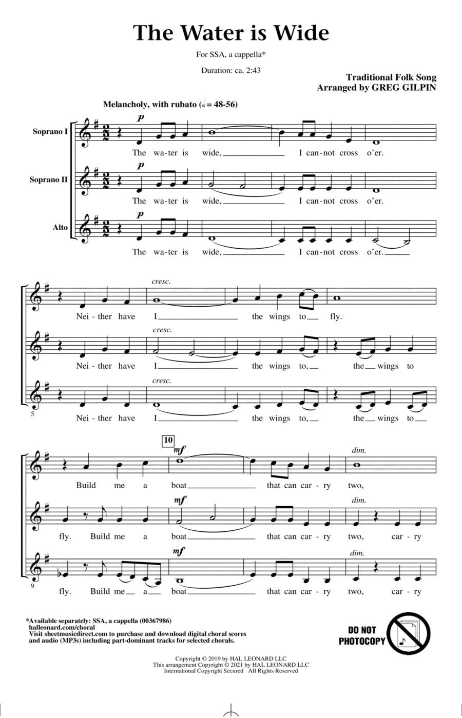 The Water Is Wide (arr. Greg Gilpin) SSA scores gallery preview page 1