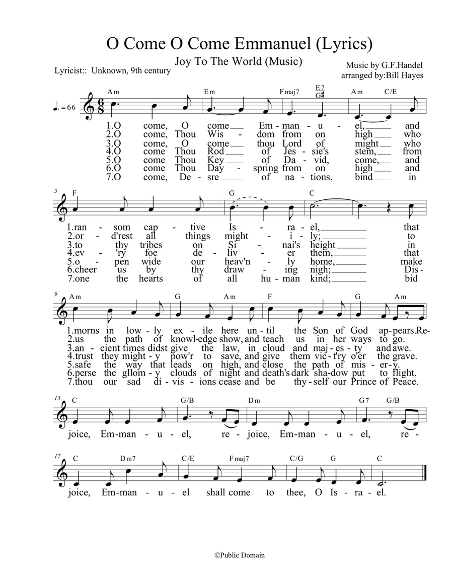 O Come, O Come Emmanuel lyrics with Joy to the World melody in 6/8 time signature. Small Ensemble scores gallery preview page 1
