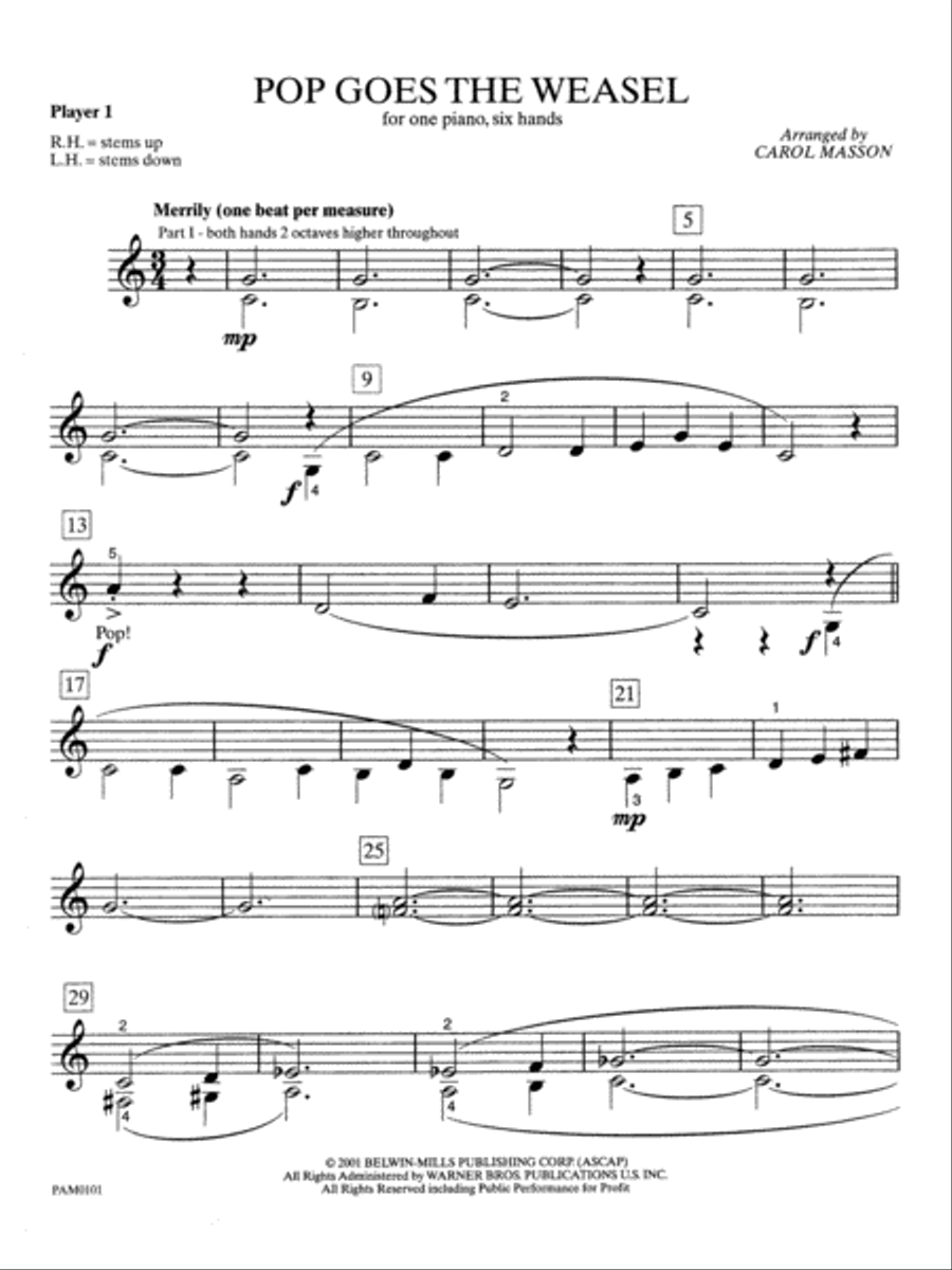 Pop Goes the Weasel - Piano Trio (1 Piano, 6 Hands) Piano Solo scores gallery preview page 1