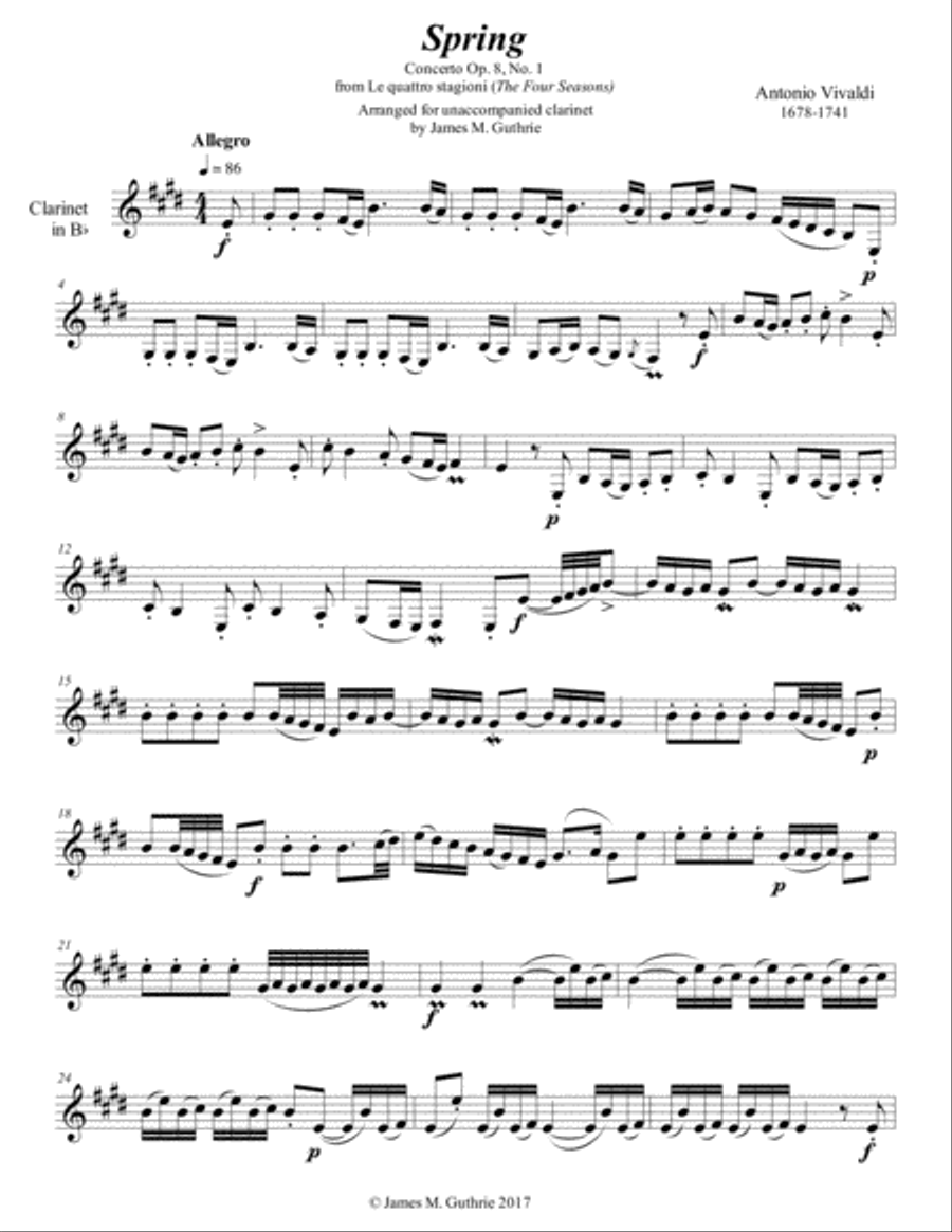 Vivaldi - The Four Seasons: Spring for Solo Clarinet Clarinet Solo scores gallery preview page 1