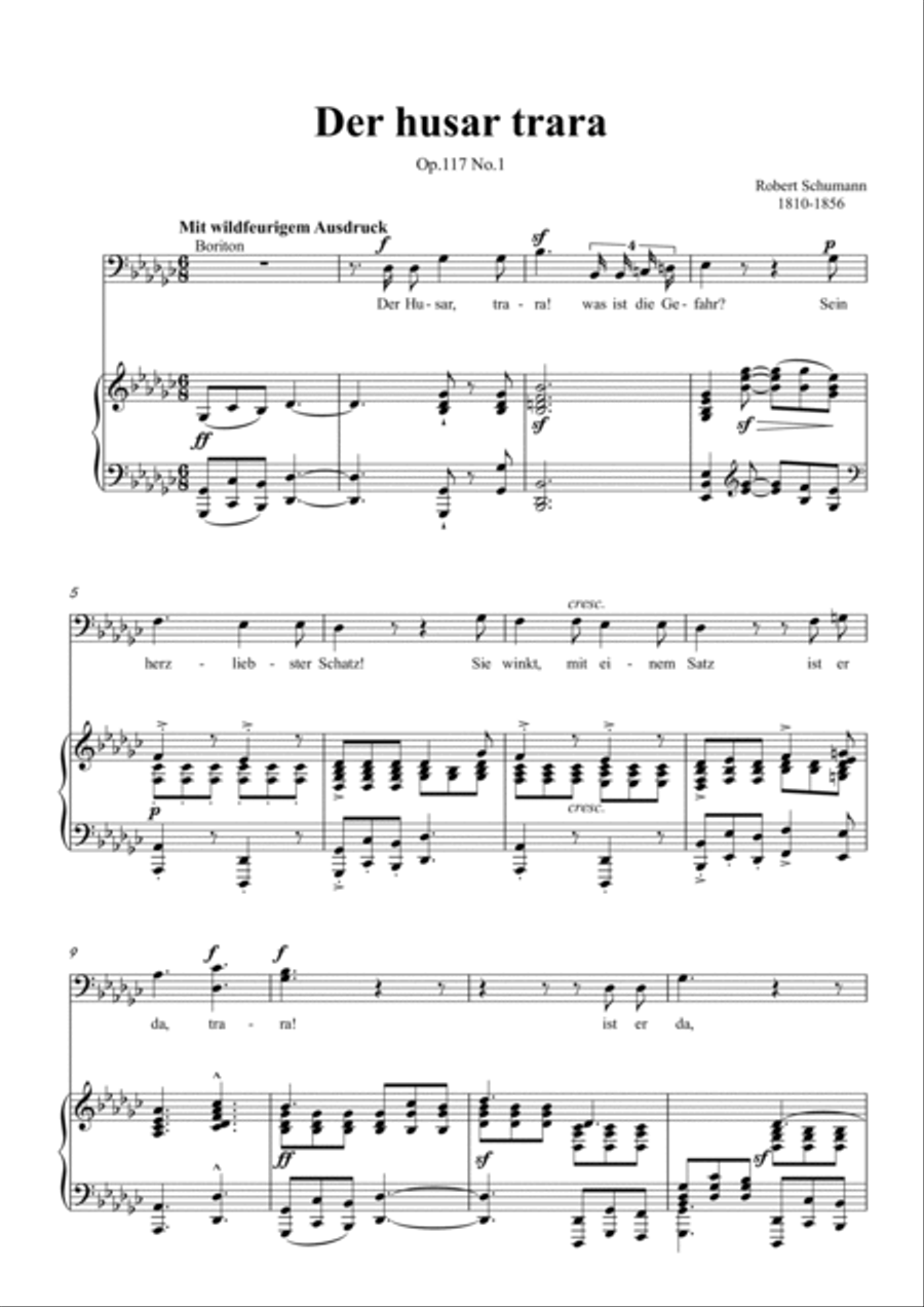 Schumann-Der husar trara Op.117 No.1 in G♭ Major for Voice and Piano Voice Solo scores gallery preview page 2