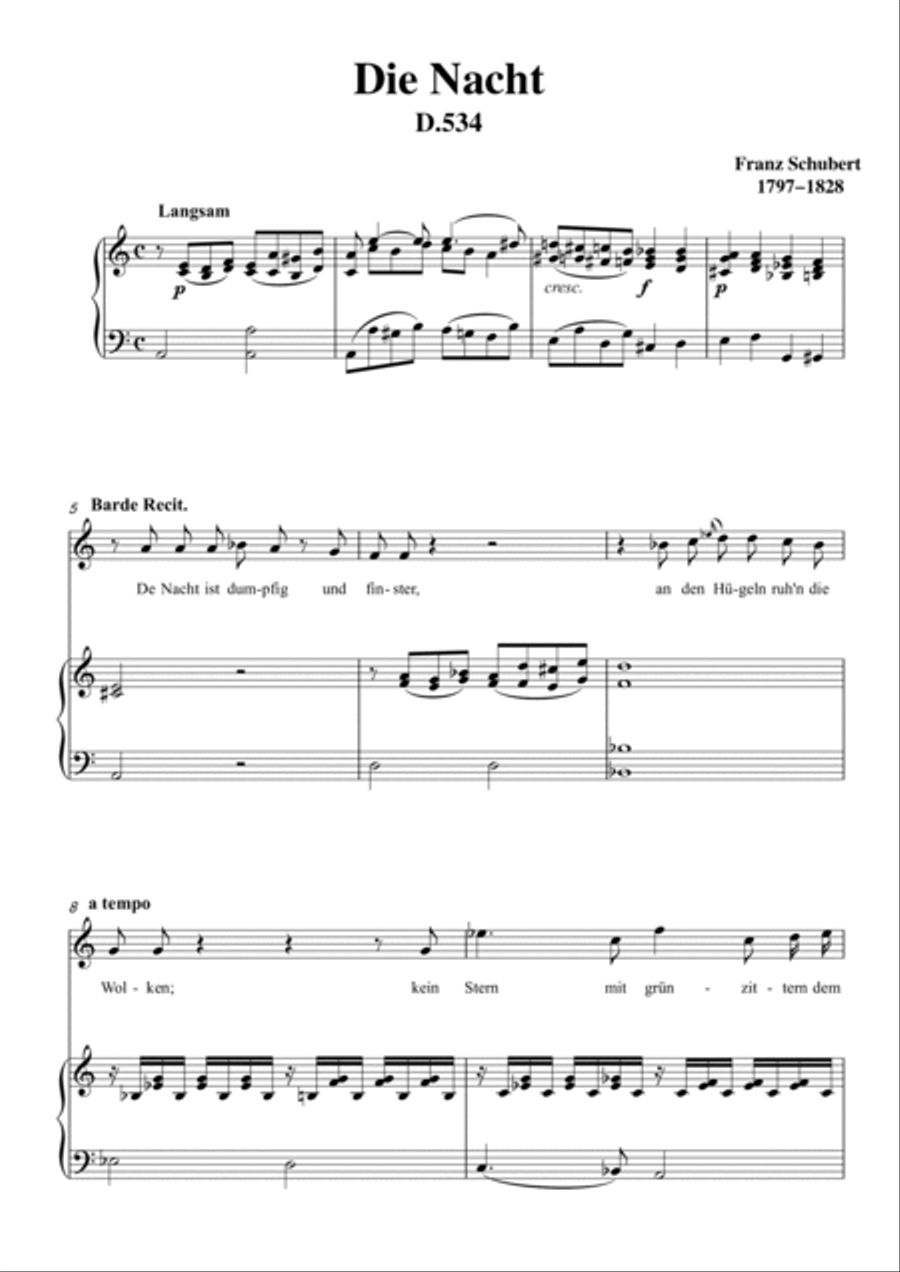 Schubert-Die Nacht in a minor,D.534,for Vocal and Piano Voice scores gallery preview page 2
