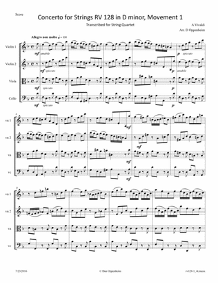 Book cover for Vivaldi: Concerto for Strings in D minor RV 128 movement 1, arranged for String Quartet