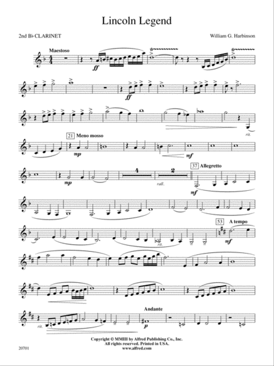 Lincoln Legend: 2nd B-flat Clarinet Concert Band scores gallery preview page 1