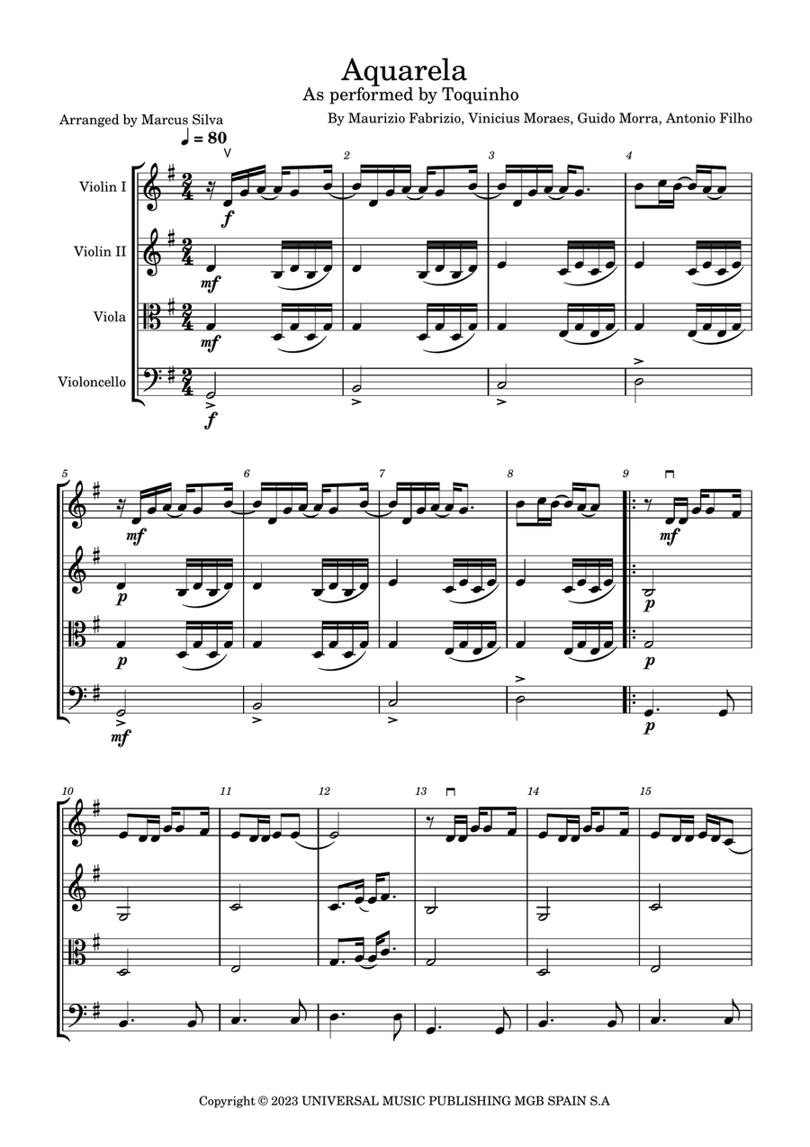 Aquarela-toquinho String Quartet - Digital Sheet Music page 2