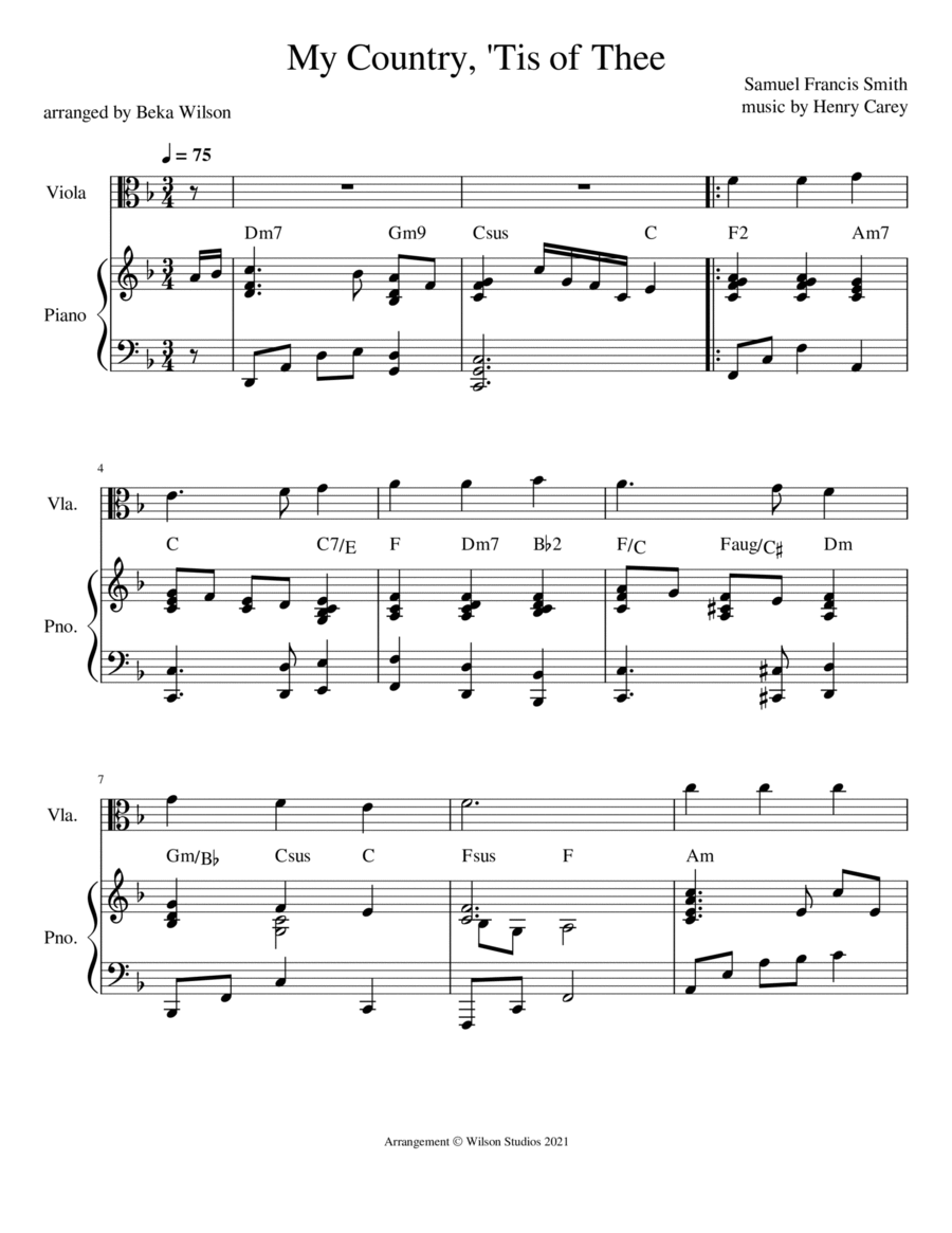 America (My Country 'Tis of Thee)--viola solo Piano scores gallery preview page 1
