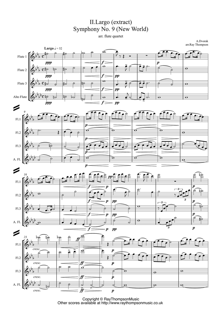 Dvorak: Mvt.II Largo (extract) from Symphony No.9 (New World) Op.95 - flute quartet Flute Quartet scores gallery preview page 1