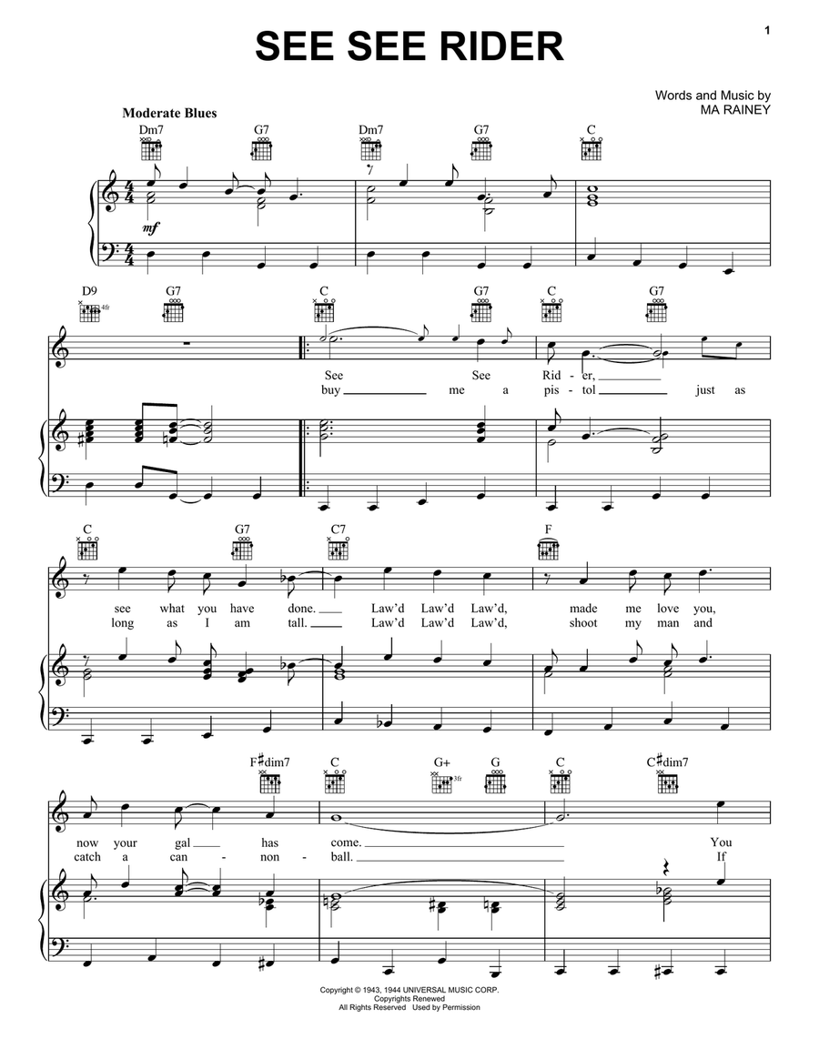 See See Rider See See Rider Piano, Vocal, Guitar scores gallery preview page 1