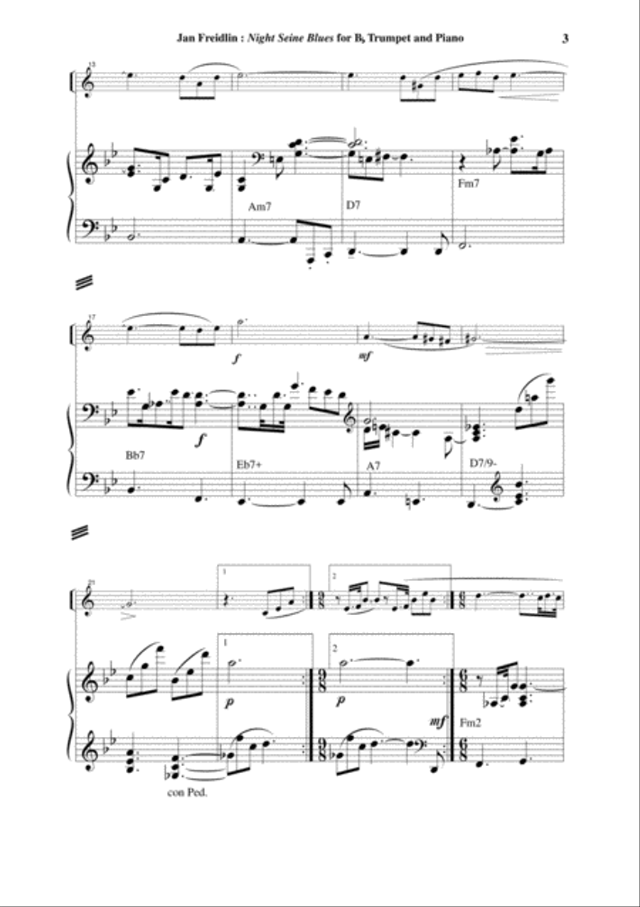 Jan Freidlin: Night Seine Blues for Bb trumpet and piano B-Flat Trumpet scores gallery preview page 3