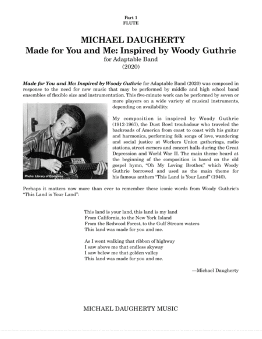 Made for You and Me: Inspired by Woody Guthrie - Part 1 - Flute Concert Band scores gallery preview page 1