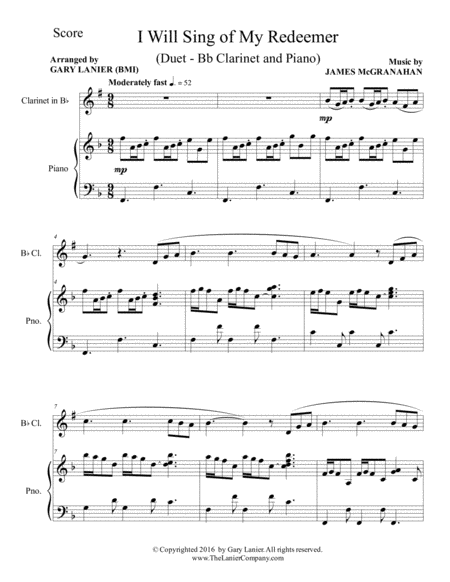 I WILL SING OF MY REDEEMER (Duet – Bb Clarinet & Piano with Score/Part) image number null
