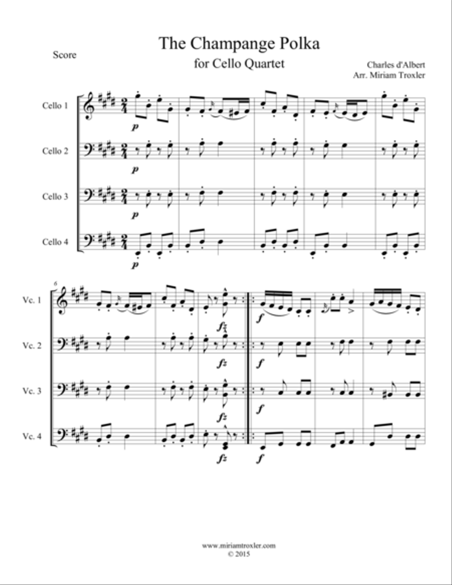The Champange Polka for Cello Quartet Cello scores gallery preview page 1