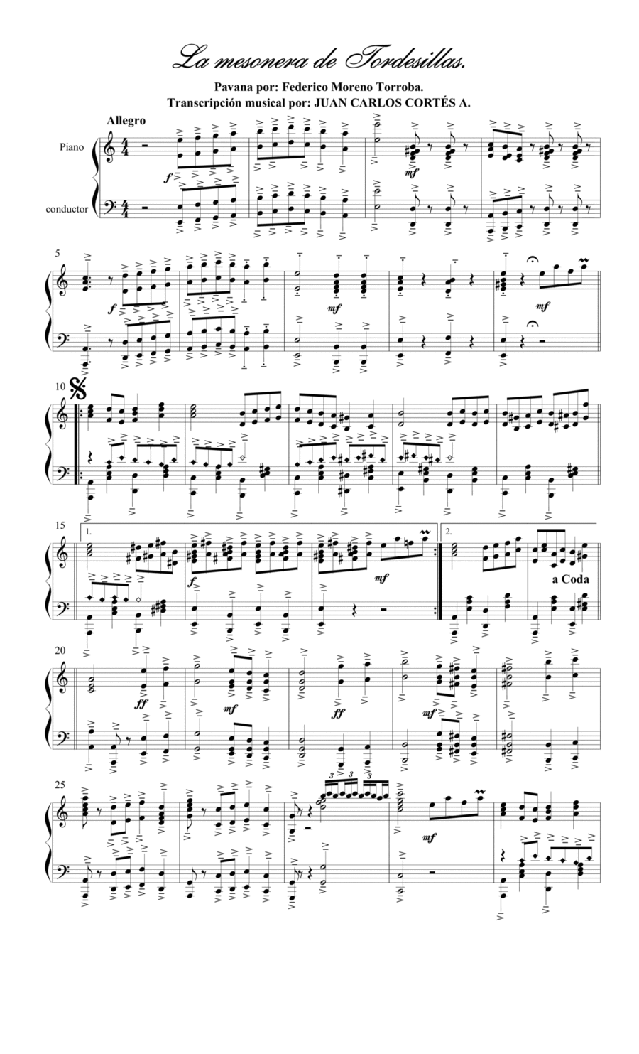 La Mesonera de Tordesillas. Pavana por: Federico Moreno Torroba. Piano Method scores gallery preview page 1