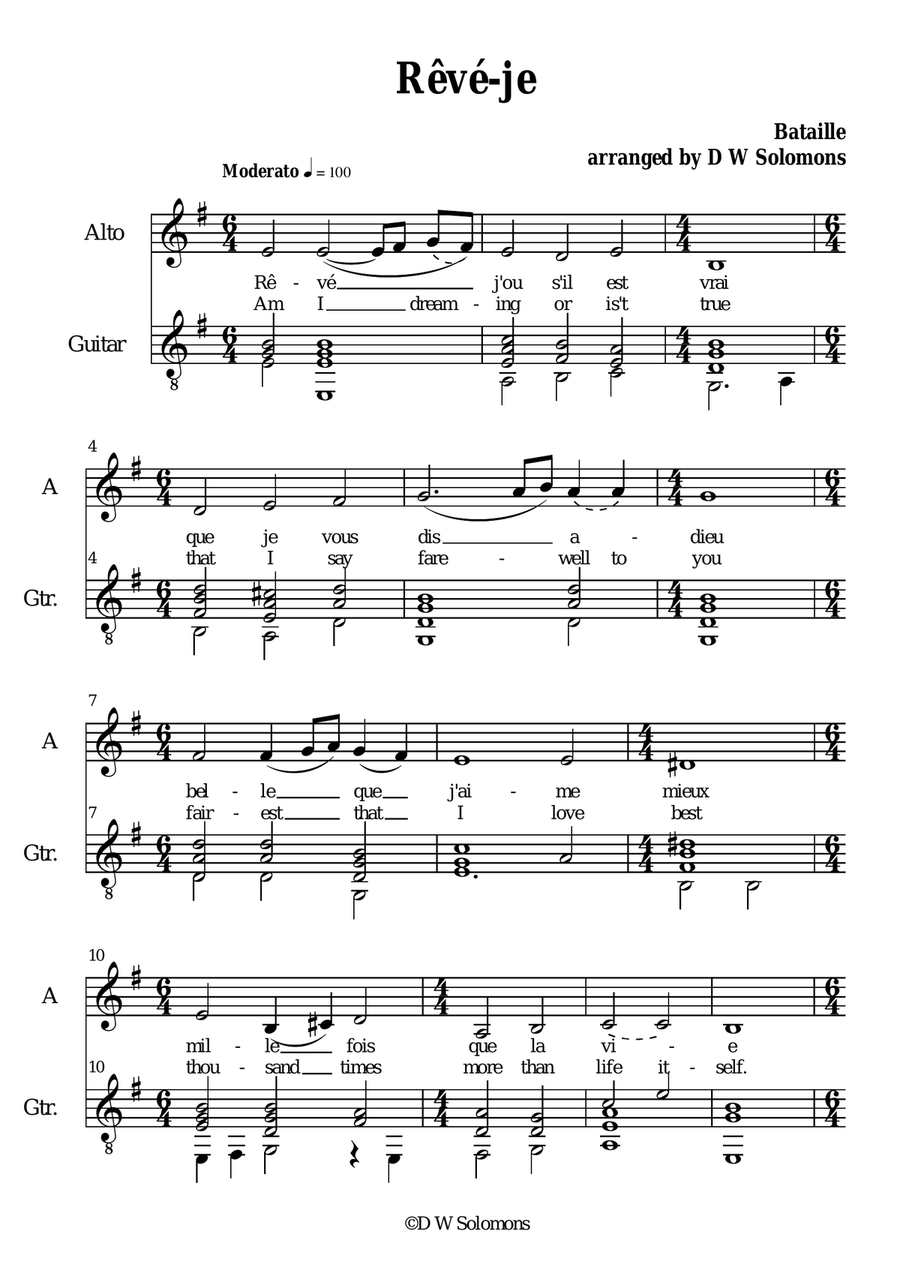 Rêvé-je (Am I dreaming) for alto voice and guitar Alto Voice scores gallery preview page 1