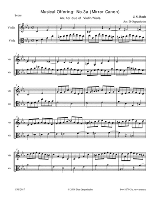 Bach: The Musical Offering (BWV 1079) No. 3a "Mirror Canon" a 2 arr. for 2 Violins/Violas