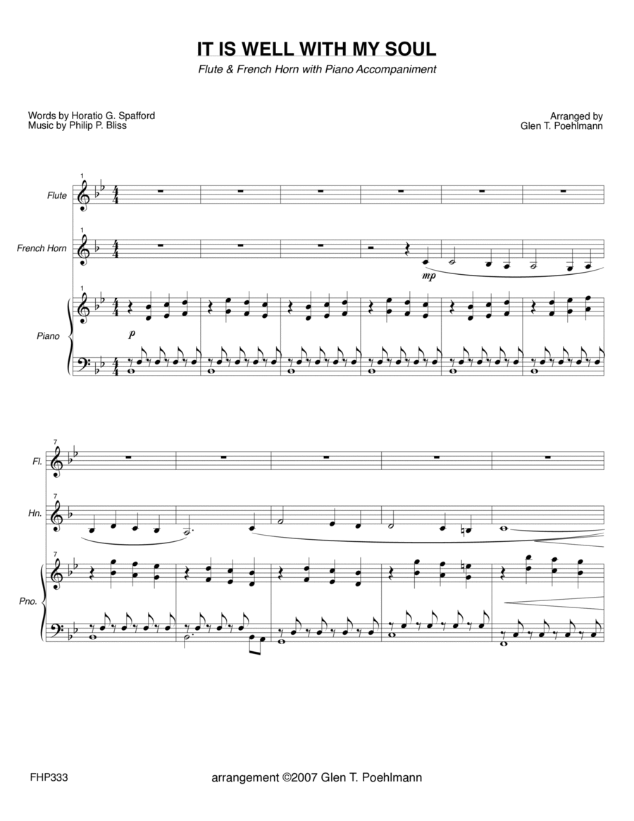 IT IS WELL WITH MY SOUL - FLUTE and HORN with Piano Accompaniment Woodwind Duet scores gallery preview page 1