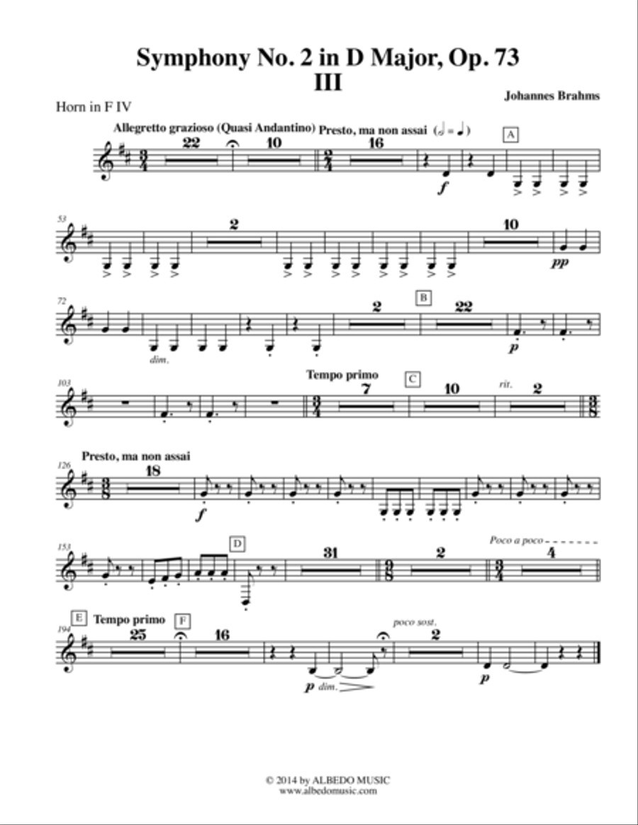 Brahms Symphony No. 2, Movement III - Horn in F 4 (Transposed Part), Op. 73 Horn Solo scores gallery preview page 1