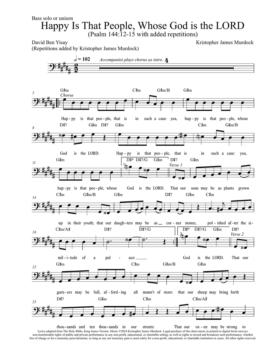 Happy Is That People (based on Psalm 144:12-15)--Bass solo or unison with piano chords Unison Choir scores gallery preview page 1