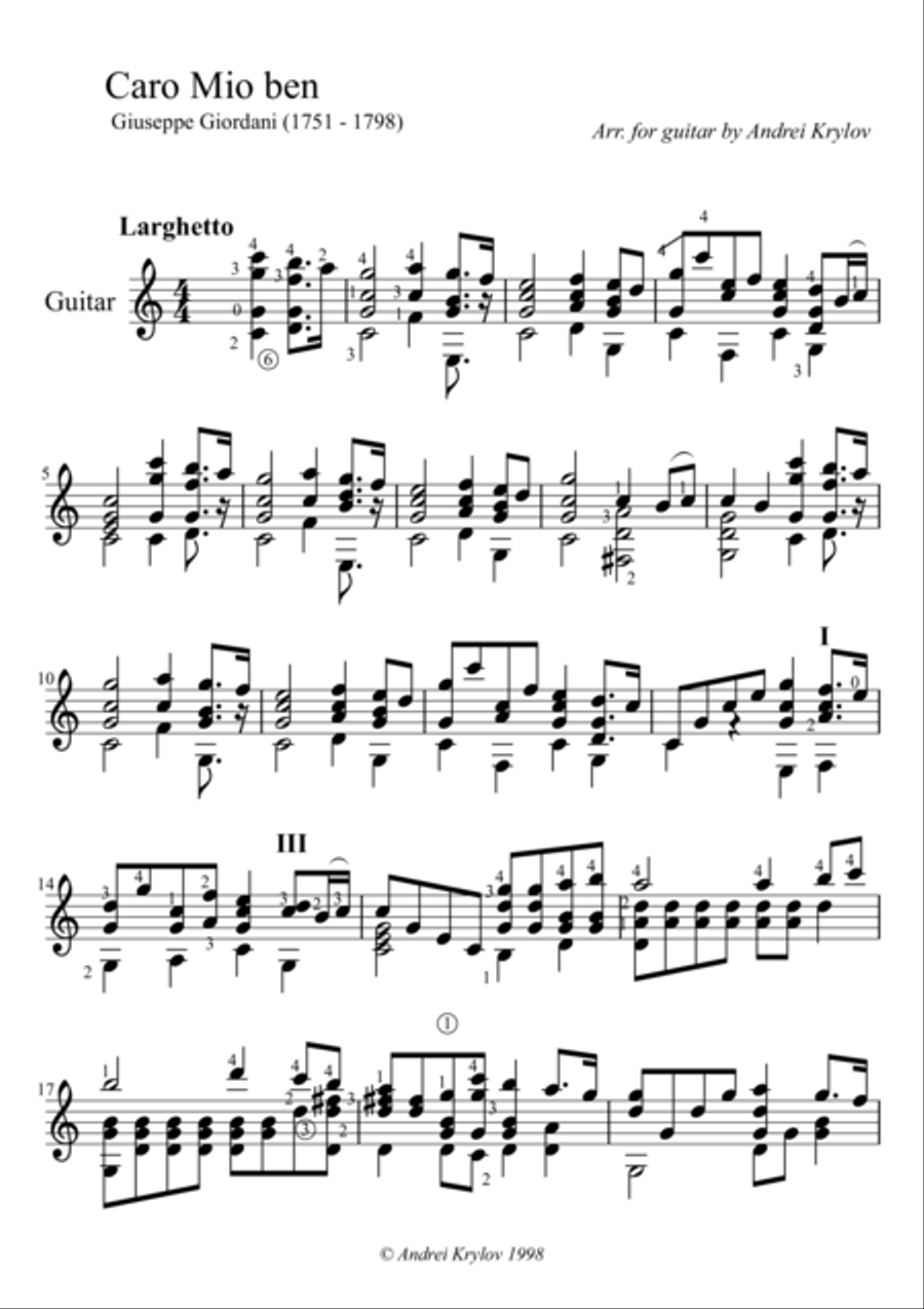 aria Caro Mio Ben by Tommaso Giordani, arranged for classical guitar by Andrei Krylov Acoustic Guitar scores gallery preview page 1