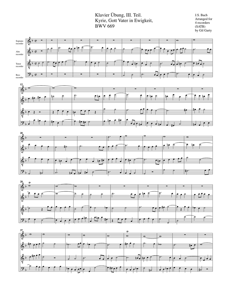 Kyrie, Gott Vater in Ewigkeit, BWV 669 from Klavier Übung, III. Teil (arrangement for 4 recorders) Recorder scores gallery preview page 1