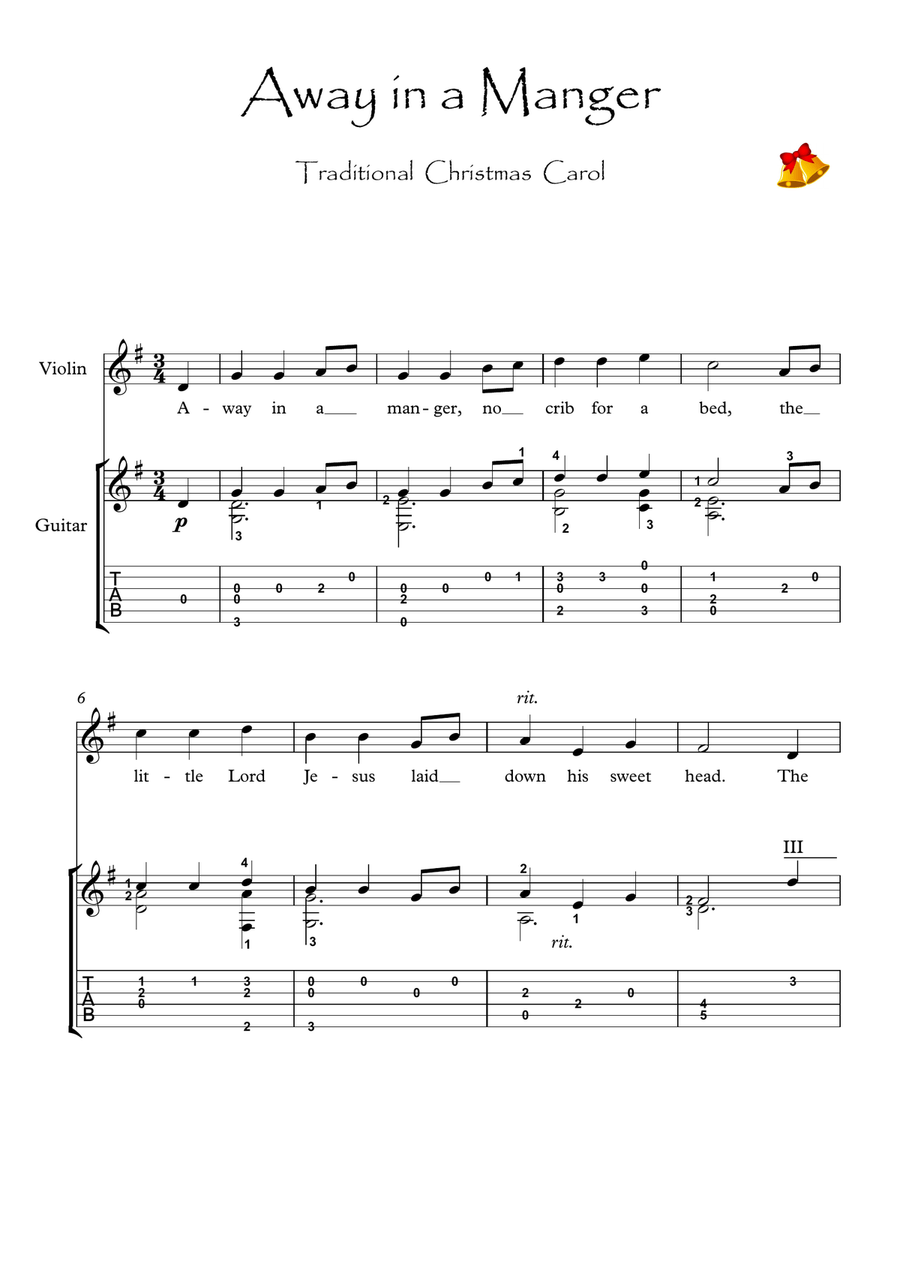 Away In A Manger Violin and Guitar duet String Duet scores gallery preview page 1