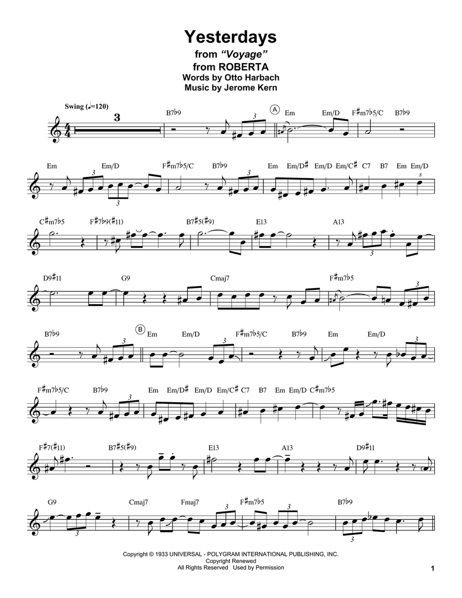 Yesterdays (from Roberta) Tenor Saxophone scores gallery preview page 1