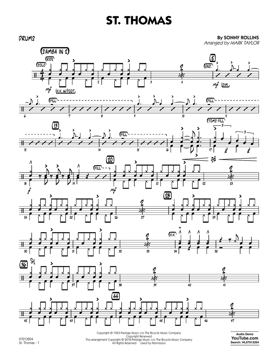 St. Thomas (arr. Mark Taylor) - Drums Jazz Ensemble scores gallery preview page 1
