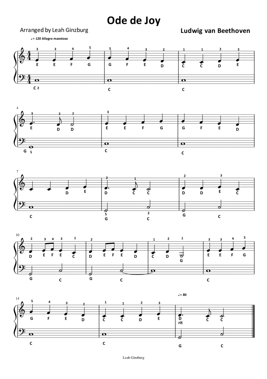 Ode de Joy by Beethoven with letters Piano Method scores gallery preview page 1