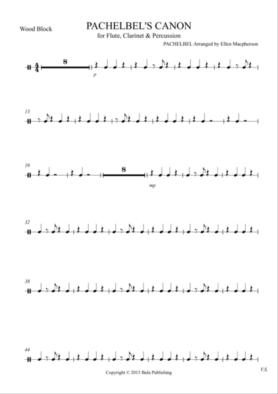 Pachelbel's Cannon - for Flute, Clarinet & Percussion - PERCUSSION 3 - WOOD BLOCK part Clarinet scores gallery preview page 1
