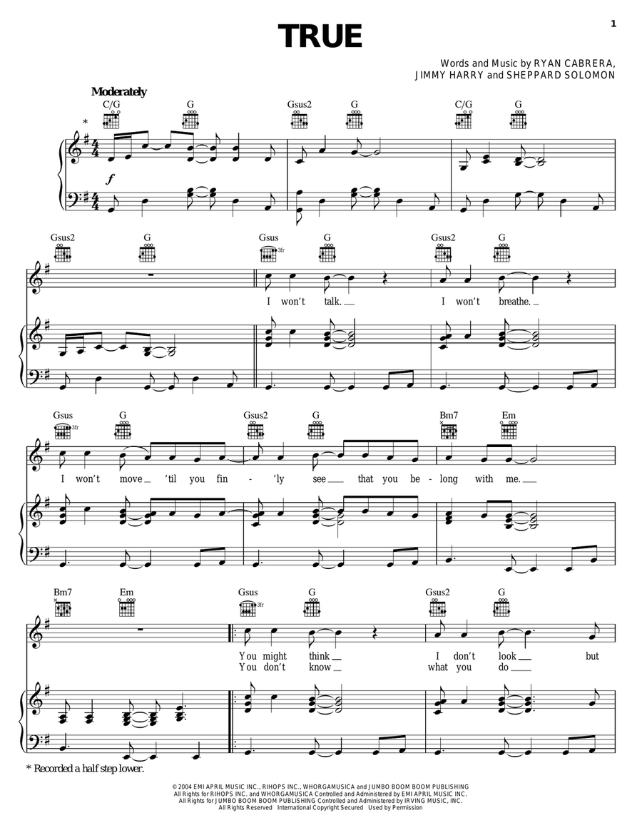True Piano, Vocal, Guitar scores gallery preview page 1