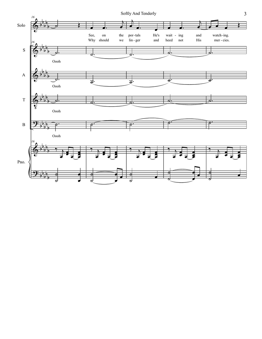 Softly And Tenderly (Solo with SATB) 4-Part scores gallery preview page 3