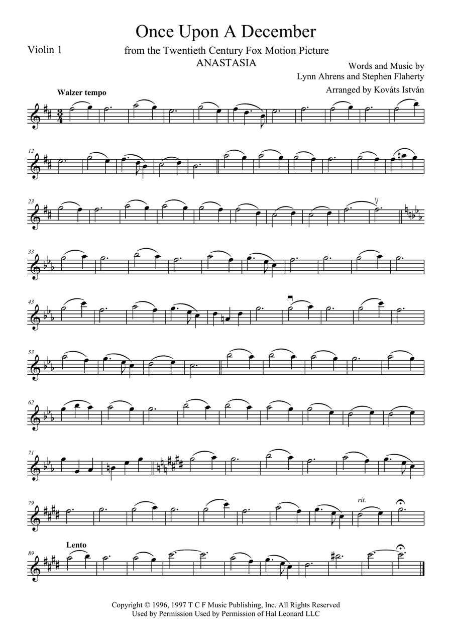 Once Upon A December from the Twentieth Century Fox Motion Picture ANASTASIA String Quartet scores gallery preview page 1