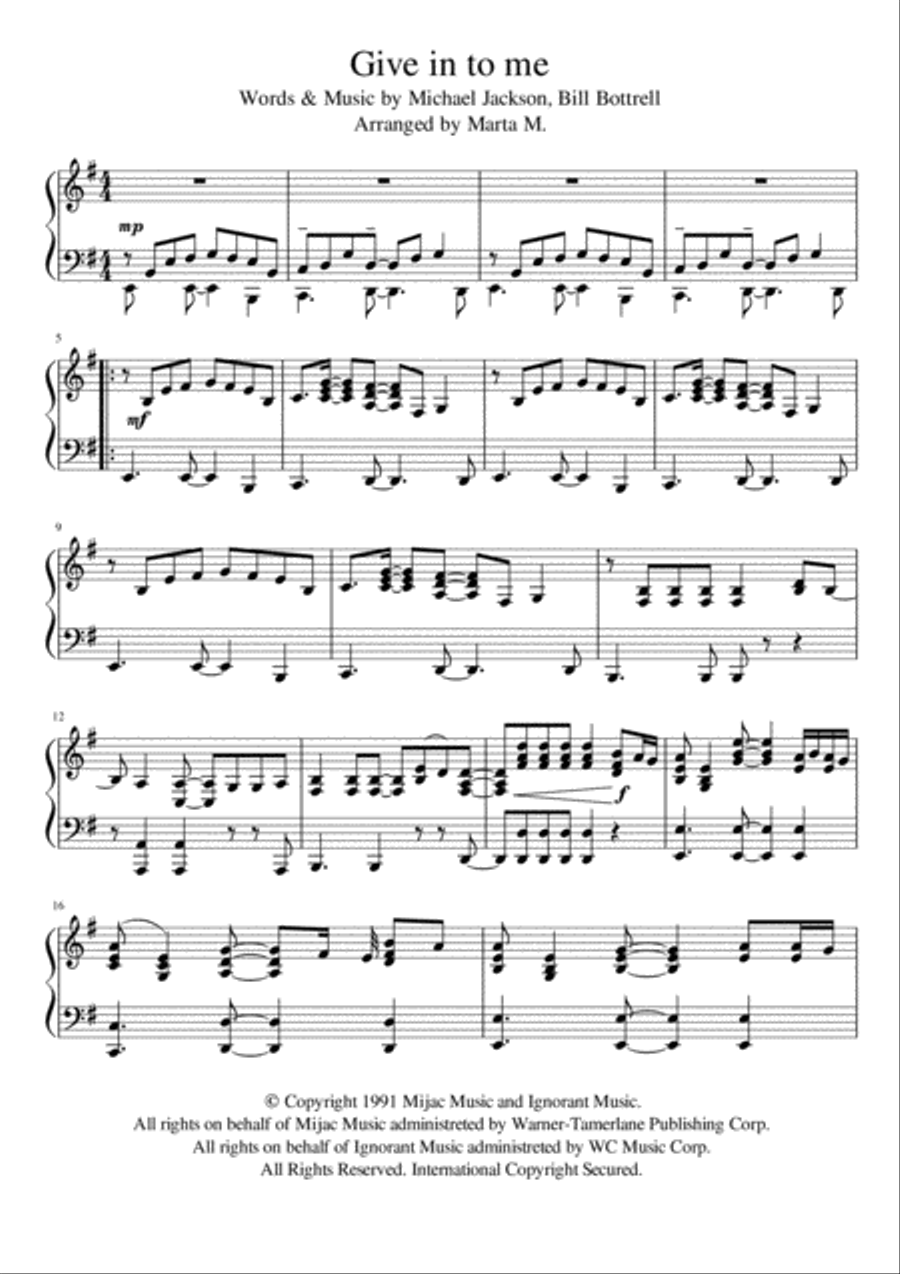 Give In To Me Easy Piano scores gallery preview page 1