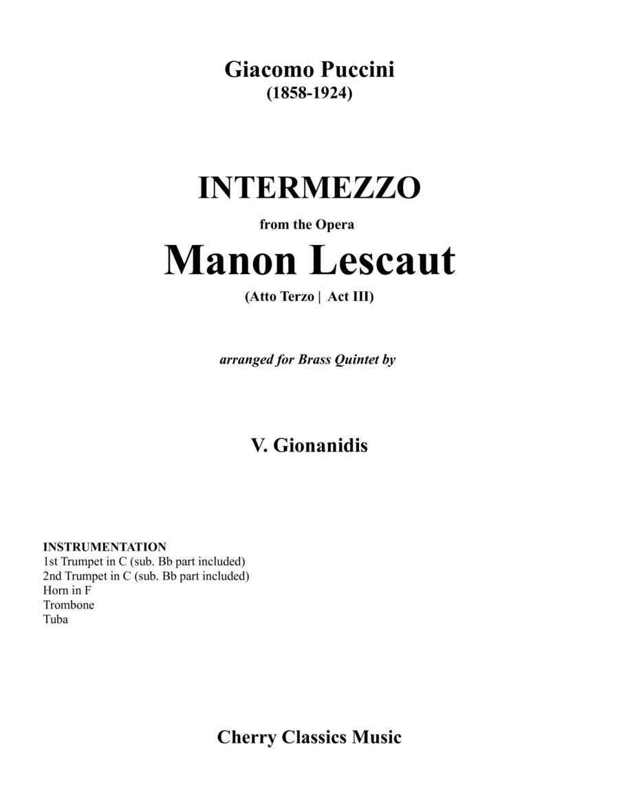 Intermezzo from Act III of Manon Lescaut for Brass Quintet image number null