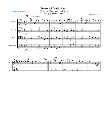 TRUMPET VOLUNTARY Jeremiah Clarke, String Quartet, Intermediate Level for 2 violins, viola and cello image number null