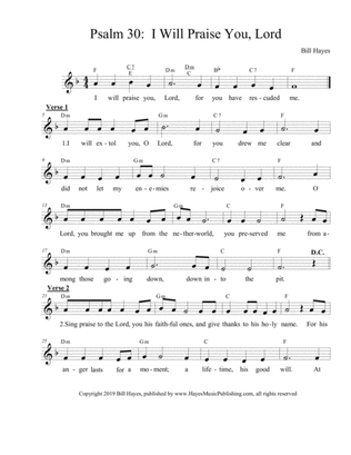 Psalm 30: I Will Praise You, Lord (Easter Vigil, 4th psalm, leadsheet)
