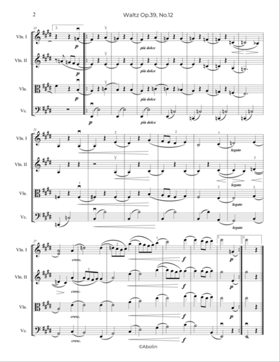 Brahms: Waltz Op.39, No.12 - String Quartet String Quartet scores gallery preview page 3